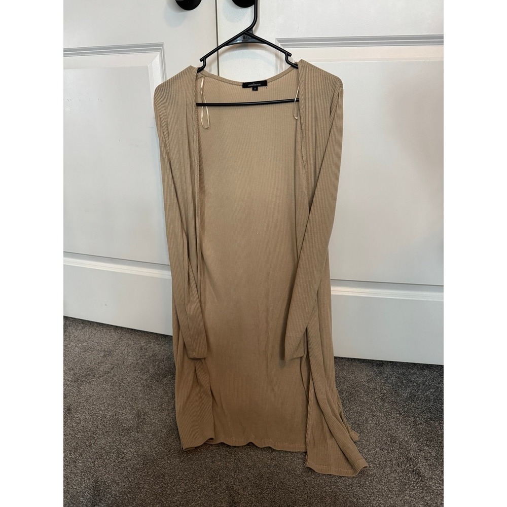 Ambiance Tan Ribbed Longline Cardigan Sweater Open Front Duster Tan Beige Medium